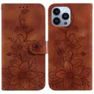 For iPhone 14 Pro Lily Embossed Leather Phone Case(Brown) - 1