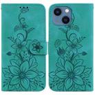 For iPhone 14 Plus Lily Embossed Leather Phone Case(Green) - 1