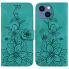 For iPhone 15 Lily Embossed Leather Phone Case(Green) - 1