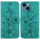 For iPhone 15 Plus Lily Embossed Leather Phone Case(Green) - 1
