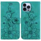 For iPhone 15 Pro Lily Embossed Leather Phone Case(Green) - 1