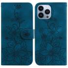 For iPhone 15 Pro Lily Embossed Leather Phone Case(Dark Blue) - 1