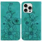 For iPhone 16 Pro Lily Embossed Leather Phone Case(Green) - 1