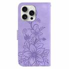 For iPhone 16 Pro Lily Embossed Leather Phone Case(Purple) - 3