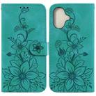 For iPhone 16 Plus Lily Embossed Leather Phone Case(Green) - 1