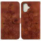 For iPhone 16 Plus Lily Embossed Leather Phone Case(Brown) - 1