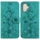 For iPhone 16 Lily Embossed Leather Phone Case(Green) - 1