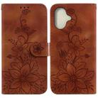 For iPhone 16 Lily Embossed Leather Phone Case(Brown) - 1