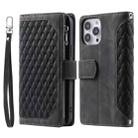 For iPhone 15 Pro Max Grid Texture Zipper Leather Phone Case with Lanyard(Black) - 1