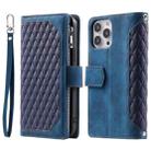 For iPhone 15 Pro Grid Texture Zipper Leather Phone Case with Lanyard(Blue) - 1