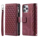 For iPhone 15 Pro Grid Texture Zipper Leather Phone Case with Lanyard(Wine Red) - 1