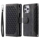 For iPhone 15 Pro Grid Texture Zipper Leather Phone Case with Lanyard(Black) - 1