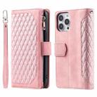 For iPhone 15 Pro Grid Texture Zipper Leather Phone Case with Lanyard(Rose Gold) - 1