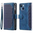 For iPhone 15 Plus Grid Texture Zipper Leather Phone Case with Lanyard(Blue) - 1