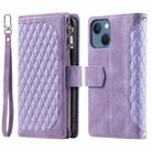 For iPhone 15 Grid Texture Zipper Leather Phone Case with Lanyard(Purple) - 1