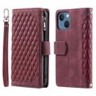 For iPhone 15 Grid Texture Zipper Leather Phone Case with Lanyard(Wine Red) - 1