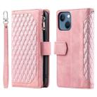 For iPhone 15 Grid Texture Zipper Leather Phone Case with Lanyard(Rose Gold) - 1