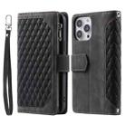 For iPhone 16 Pro Max Grid Texture Zipper Leather Phone Case with Lanyard(Black) - 1