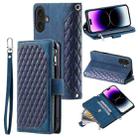 For iPhone 16 Plus Grid Texture Zipper Leather Phone Case with Lanyard(Blue) - 1