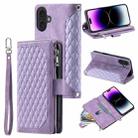 For iPhone 16 Plus Grid Texture Zipper Leather Phone Case with Lanyard(Purple) - 1