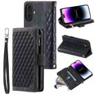 For iPhone 16 Plus Grid Texture Zipper Leather Phone Case with Lanyard(Black) - 1