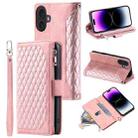 For iPhone 16 Plus Grid Texture Zipper Leather Phone Case with Lanyard(Rose Gold) - 1