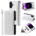 For iPhone 16 Plus Grid Texture Zipper Leather Phone Case with Lanyard(White) - 1