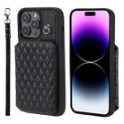 For iPhone 15 Pro Max Grid Texture Card Bag Phone Case with Lanyard(Black) - 1