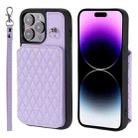 For iPhone 15 Pro Max Grid Texture Card Bag Phone Case with Lanyard(Purple) - 1