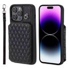 For iPhone 15 Pro Grid Texture Card Bag Phone Case with Lanyard(Black) - 1