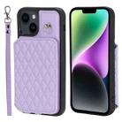 For iPhone 15 Plus Grid Texture Card Bag Phone Case with Lanyard(Purple) - 1