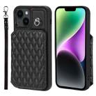 For iPhone 15 Grid Texture Card Bag Phone Case with Lanyard(Black) - 1