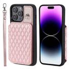 For iPhone 14 Pro Max Grid Texture Card Bag Phone Case with Lanyard(Rose Gold) - 1