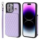 For iPhone 14 Pro Grid Texture Card Bag Phone Case with Lanyard(Purple) - 1