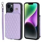 For iPhone 14 Grid Texture Card Bag Phone Case with Lanyard(Purple) - 1