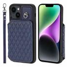 For iPhone 14 Grid Texture Card Bag Phone Case with Lanyard(Blue) - 1