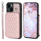 For iPhone 13 Grid Texture Card Bag Phone Case with Lanyard(Rose Gold) - 1