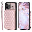 For iPhone 12 Pro Max Grid Texture Card Bag Phone Case with Lanyard(Rose Gold) - 1