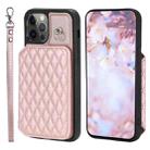 For iPhone 12 / 12 Pro Grid Texture Card Bag Phone Case with Lanyard(Rose Gold) - 1