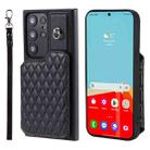 For Samsung Galaxy S23 Ultra 5G Grid Texture Card Bag Phone Case with Lanyard(Black) - 1