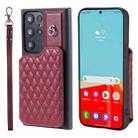 For Samsung Galaxy S23 Ultra 5G Grid Texture Card Bag Phone Case with Lanyard(Red) - 1