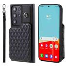 For Samsung Galaxy S22 Ultra 5G Grid Texture Card Bag Phone Case with Lanyard(Black) - 1