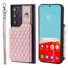 For Samsung Galaxy S22 Ultra 5G Grid Texture Card Bag Phone Case with Lanyard(Rose Gold) - 1