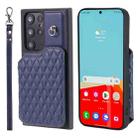 For Samsung Galaxy S22 Ultra 5G Grid Texture Card Bag Phone Case with Lanyard(Blue) - 1