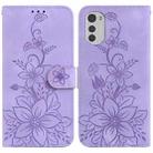 For Motorola Moto E32 Lily Embossed Leather Phone Case(Purple) - 1