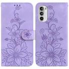 For Motorola Moto G52 Lily Embossed Leather Phone Case(Purple) - 1