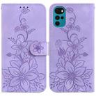 For Motorola Moto G22 Lily Embossed Leather Phone Case(Purple) - 1