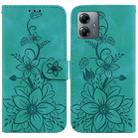 For Motorola Moto G14 Lily Embossed Leather Phone Case(Green) - 1