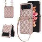 For Samsung Galaxy Z Flip4 Rhombic Texture Phone Case with Long & Short Lanyard(Rose Gold) - 1