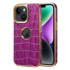 For iPhone 15 Denior Crocodile Texture Genuine Leather Electroplating Phone Case(Purple) - 1